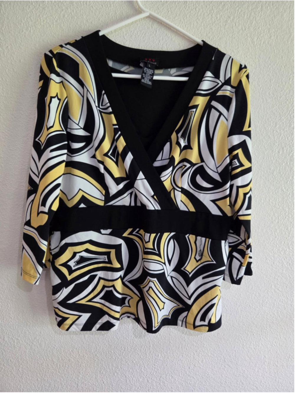 Jules & Leopold Women’s Large Abstract Yellow Black White 3/4 Sleeve Top